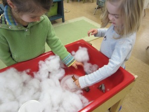 a frozen pond and snow in the sensory table
